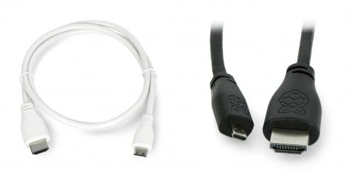 Biały kabel USB i czarny, oficjalny przewód HDMI do Raspberry Pi