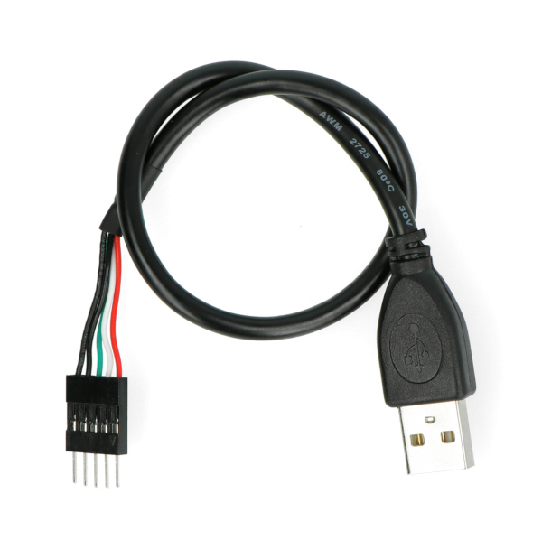 Przewód o długości 30 cm, z wtykiem USB typu A oraz wtyczką 1x5, raster 2,54 mm, zgodny ze standardem popularnych listw