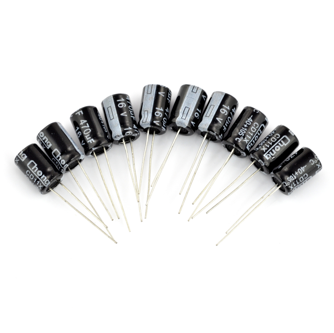 Kondensator elektrolityczny 470 uF / 16 V - 10 szt. Pasywny element elektryczny cechujący się zdolnością do magazynowania