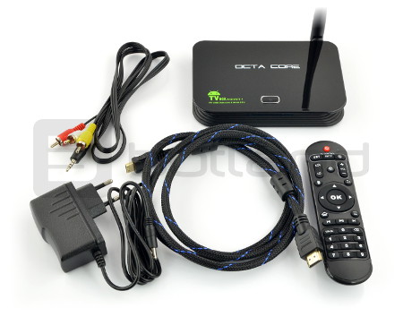 Zawartość zestawu Smart TV Box: urządzenie główne, pilot, przewód HDMI, przewód audio oraz zasilacz. Do obsługi zalecamy