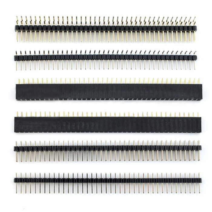 Zestaw goldpin raster 2,54mm - zawiera popularne złącza goldpin raster 2,54 mm: listwę męską prostą 1x40 i 2x40, listwę