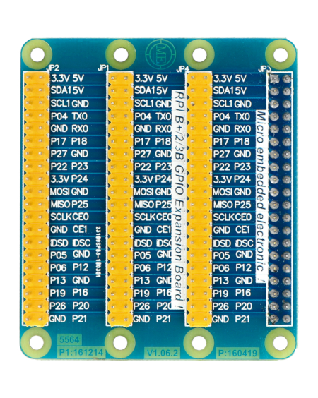 Nakładka GPIO - widok z góry. Wyprowadzenia zostały podpisane na płytce
