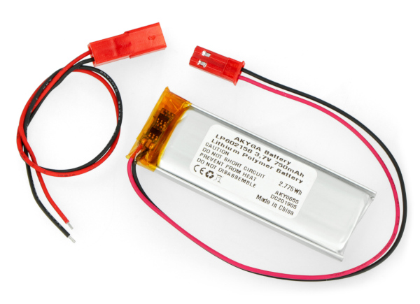 Akumulator Li-Pol Akyga 750mAh 1S 3,7V - złącze JST-BEC + gniazdo - 58x21x6mm
