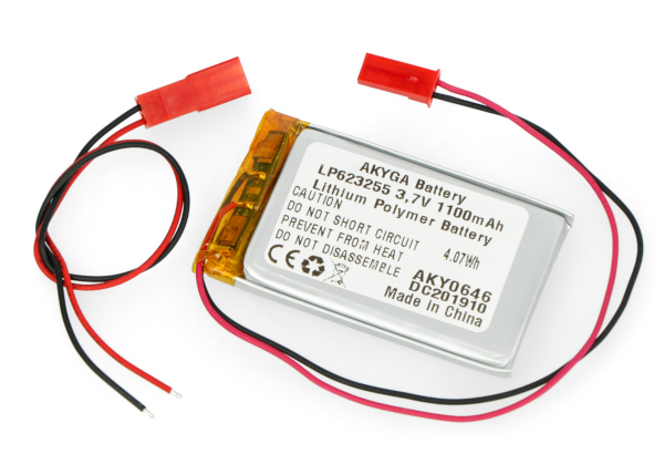 Akumulator Li-Pol Akyga 1100 mAh 1S 3,7 V - złącze JST-BEC + gniazdo - 55 x 32 x 6,2 mm