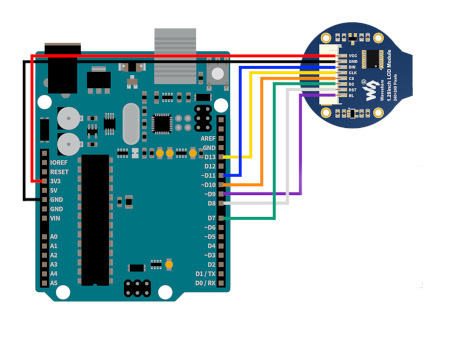 Schemat połączenia wyświetlacza General z płytką Arduino.
