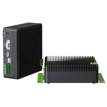 Czarne dwa urządzenia reComputer Industrial J4012 Nvidia leżą na białym tle, po lewej stronie jeden stoi pionowo, a po prawej stronie leży poziomo.