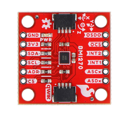 Czerwona płytka sparkfun z 3-osiowym akcelerometrem i żyroskopem leży na białym tle.