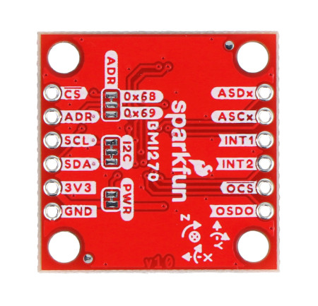 Czerwona płytka sparkfun z 3-osiowym akcelerometrem i żyroskopem leży odwrócona na białym tle.
