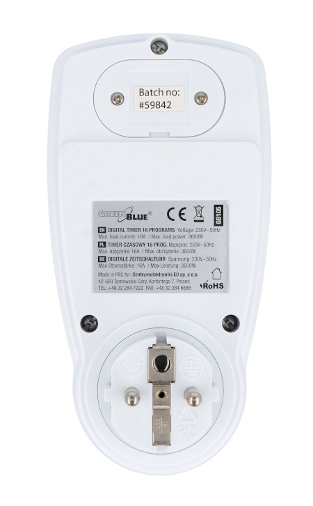 Programator czasowy cyfrowy 220 - 240 V 3600 W - Green Blue GB105 - widok z tyłu
