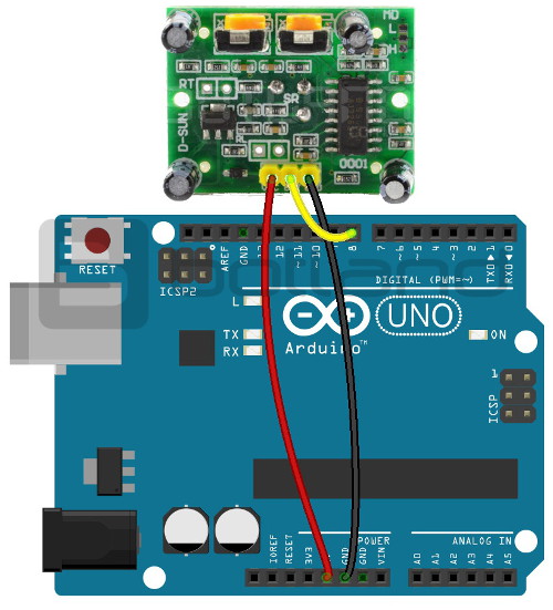 Schemat podłączenia czujnika z płytką Arduino. 
