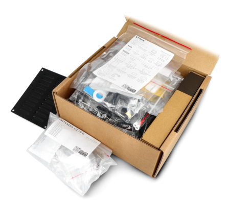 Zestaw modernizacyjny do samodzielnego montażu prusa mk3.5 leży otwarty na białym tle.