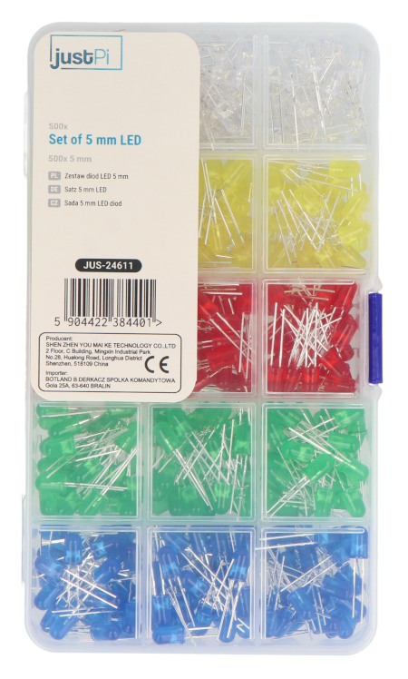 Zestaw diod LED 5 mm - justPi - 500 szt. + organizer